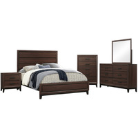 Asheville 5 Piece Bedroom Set, Queen, Brown Wood, Modern (Panel Bed, Dresser, Mirror, Chest, 1 Nightstand)