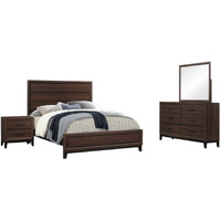 Asheville 4 Piece Bedroom Set, Queen, Brown Wood, Modern (Panel Bed, Dresser, Mirror, 1 Nightstand)
