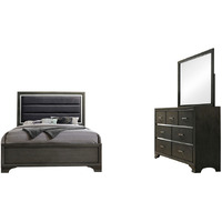 Sonata 3 Piece Bedroom Set, King, Gray Wood, Modern (Upholstered Panel Bed, Dresser & Mirror)