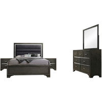 Sonata 5 Piece Bedroom Set, King, Gray Wood, Modern (Upholstered Panel Bed, Dresser, Mirror, 2 Nightstands)