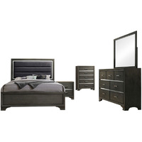 Sonata 5 Piece Bedroom Set, Queen, Gray Wood, Modern (Upholstered Panel Bed, Dresser, Mirror, Chest, 1 Nightstand)