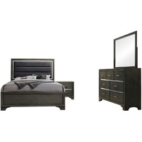 Sonata 4 Piece Bedroom Set, Queen, Gray Wood, Modern (Upholstered Panel Bed, Dresser, Mirror, 1 Nightstand)