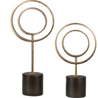 Metal Round Ornament with Stand on Dark Brown Round Base Set of Two Distressed Finish Gold