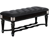 Fabric Padded Bench with Deep Button Tufting and Turned Legs, Black