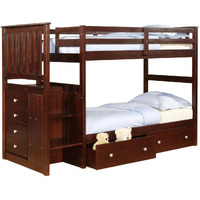 TWIN/FULL MISSION STAIRWAY BUNK BED WITH EXT KIT WITH DUAL UNDERBED DRAWERS CAPPUCCINO FINISH