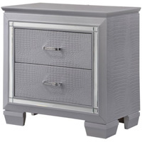 Two Drawer Wooden Nightstand with Textured Details and Mirror Accents, Gray