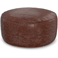 Connor 34 inch Round Coffee Table Pouf in Distressed Brown Genuine Leather