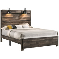 Queen Bed with Rustic Heavy Grain Details and 2 Attached Lanterns, Brown