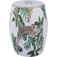 18 Inch Ceramic Accent Table, Drum Shape, Tropical Print, White, Green