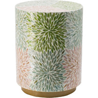 14 Inch Cylindrical Capiz Shell Accent Table Stool, Elegant Leaves Pattern