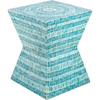 14 Inch Capiz Accent Table Stool, Blue Mosaic Geometric Hourglass Shape