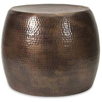 20 Inch Classic Iron Low Accent Table, Round Top, Drum Shape, Brown