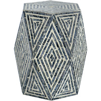 18 Inch Accent Table Stool, Hexagonal Design, Diamond Pattern, Blue, White