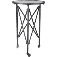 27 Inch Side Table, Round Metal Body, Glass Tabletop, 3 Wheels, Silver