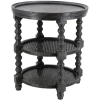 Jake 25 Inch 3 Tier Side Table, Fir Wood, 2 Woven Wicker Shelves, Black