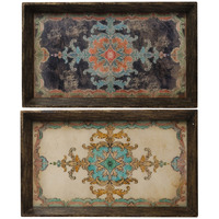 25 Inch Wood Tray, Vintage Style, Distressed Brown Wood Frame, Set of 2