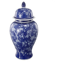 18 Inch Porcelain Ginger Jar, Finial Lid and Round Curved, Blue Flowers