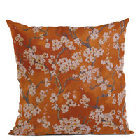 Plutus Persimmon Garden Cherry Blossoms Printed On A Linen Looking Polyester. Luxury Throw Pillow - Double sided  26" x 26"