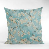 Plutus Azure Garden Cherry Blossoms Printed On A Linen Looking Polyester. Luxury Throw Pillow - Double sided  20" x 36" King