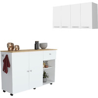 Malibu 2 Piece Kitchen Set, Kitchen Island Cart Victoria  + 120 Wall Cabinet, White / Light Oak