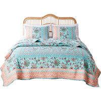 3 Piece Full Queen Quilt Set with Floral Print, Blue and White