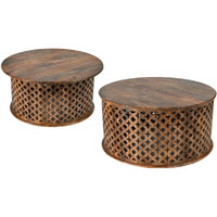 35, 34 Inch Coffee Table Set of 2, Mango Wood Lattice Design, Brown