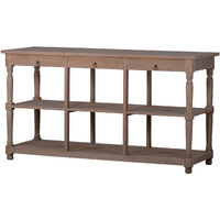 65 Inch Side Console Table, 3 Drawers, Turned Legs, Natural Durian Wood