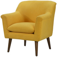 Gigi 32 Inch Accent Chair, Yellow Fabric, Pillow Top Seat, Angled Wood Legs