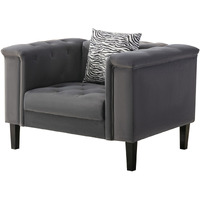 Aki 44 Inch Accent Chair with Pillow, Deep Button Tufted, Gray Velvet
