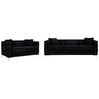 Zion 2 Piece Sofa and Loveseat Set, Deep Button Tufted, Jet Black Velvet