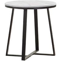 24 Inch End Table, White Faux Marble Round Top, Artisanal Metal Framework