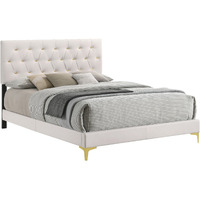 Lif Platform Queen Size Bed, Panel Tufted Headboard, Gold Legs White Velvet