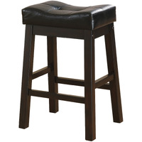 25 Inch Set of 2 Counter Height Stools, Brown Faux Leather Saddle Seat