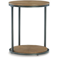 22 Inch Modern Side End Table, Round Wood Top, Black Metal Frame, Brown