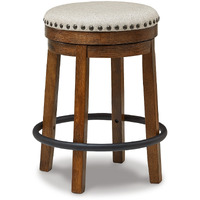 Zane 24 Inch Backless Swivel Counter Stool, Round Beige Seat, Brown Wood