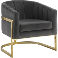30 Inch Barrel Foam Accent Chair, Brushed Gold Floating Base, Gray Velvet