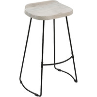 Tiva 30 Inch Handcrafted Backless Barstool, Whitewashed Mango Wood Saddle Seat, Black Metal Base