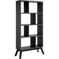 65 Inch Modern Bookcase, Four Shelves with Dividers, Flared Legs, Gray
