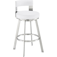 Nova 30 Inch Swivel Barstool, Panel Back, Steel Frame, White Faux Leather