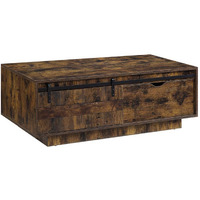 Rick 47 Inch Rustic Oak Coffee Table, Sliding Barn Door, Single Drawer