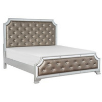 Badra Queen Bed with Crystal Button Tufting, Mirror Trim, Gray Faux Leather