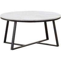 36 Inch Coffee Table, Faux Marble Tabletop, Sturdy Metal Base, White, Black