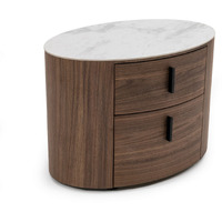 Cid Anay 27 Inch Nightstand, Oval Faux White Marble Top, Walnut Veneer