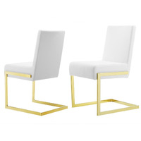 19 Inch Dining Chair, Set of 2, White Vegan Leather, Gold Cantilever Base