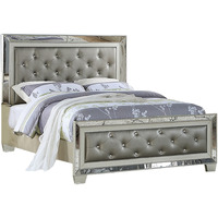 Reva Queen Bed, Mirror Inlaid, Button Tufted Gray Faux Leather Upholstery