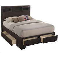 Queen Size Bed with 4 Storage Drawers, Bookcase Headboard, Walnut Brown