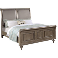 Ella Modern Queen Size Bed, Faux Leather Upholstery, Nailhead Trim, Gold