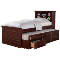 Toni Twin Size Trundle Bed with 6 Drawers, Bookcase Headboard, Brown Wood