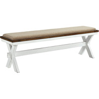 60 Inch Bench, Polyester Upholstery, Crossed Legs, Antique White Finish