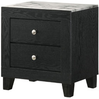 Yoh 23 Inch 2 Drawer Nightstand, White Marble Top, Metal Knobs, Black